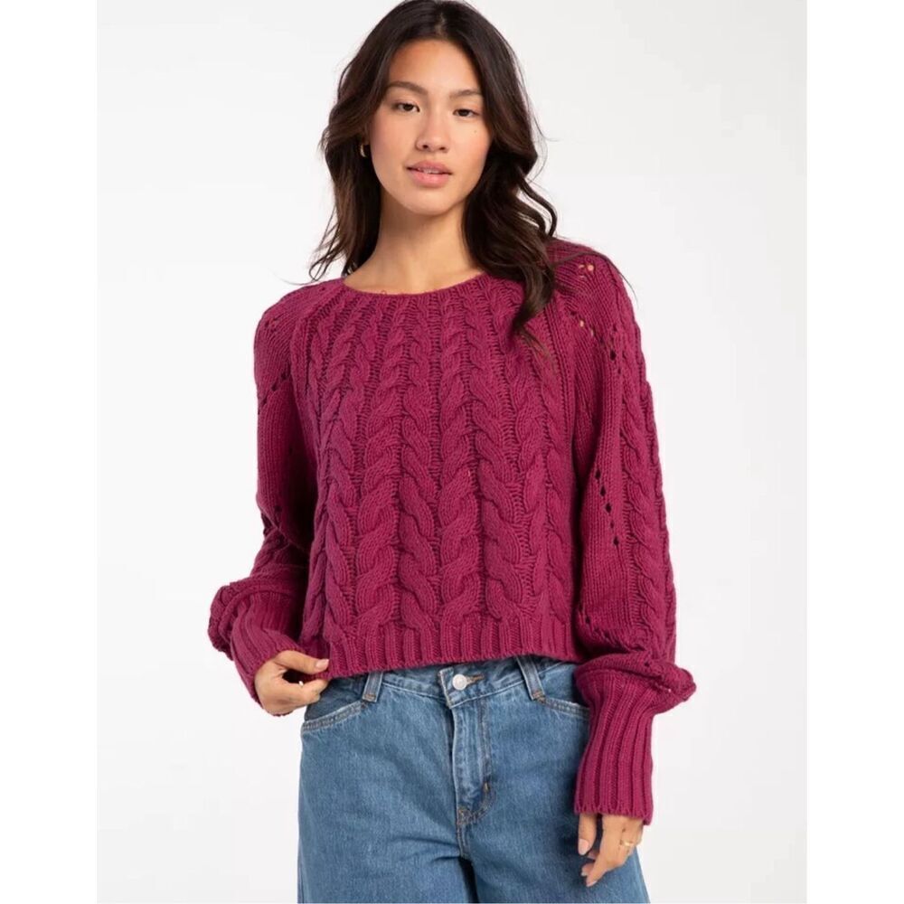 NWT Free People‎ Womens Sandre Cable Knit Pullover Sweater Dreamy Mulberry Large